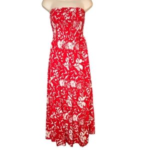 Old Navy Red White Floral Tropical Hawaiian Strapless Smocked Maxi Midi‎ Dress M